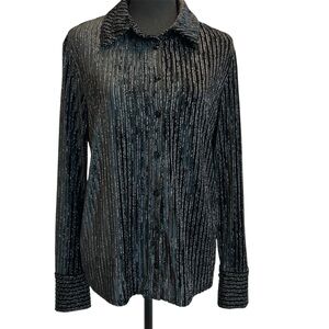 House of Harlow 1960 black velvet silver metallic striped button-front blouse M